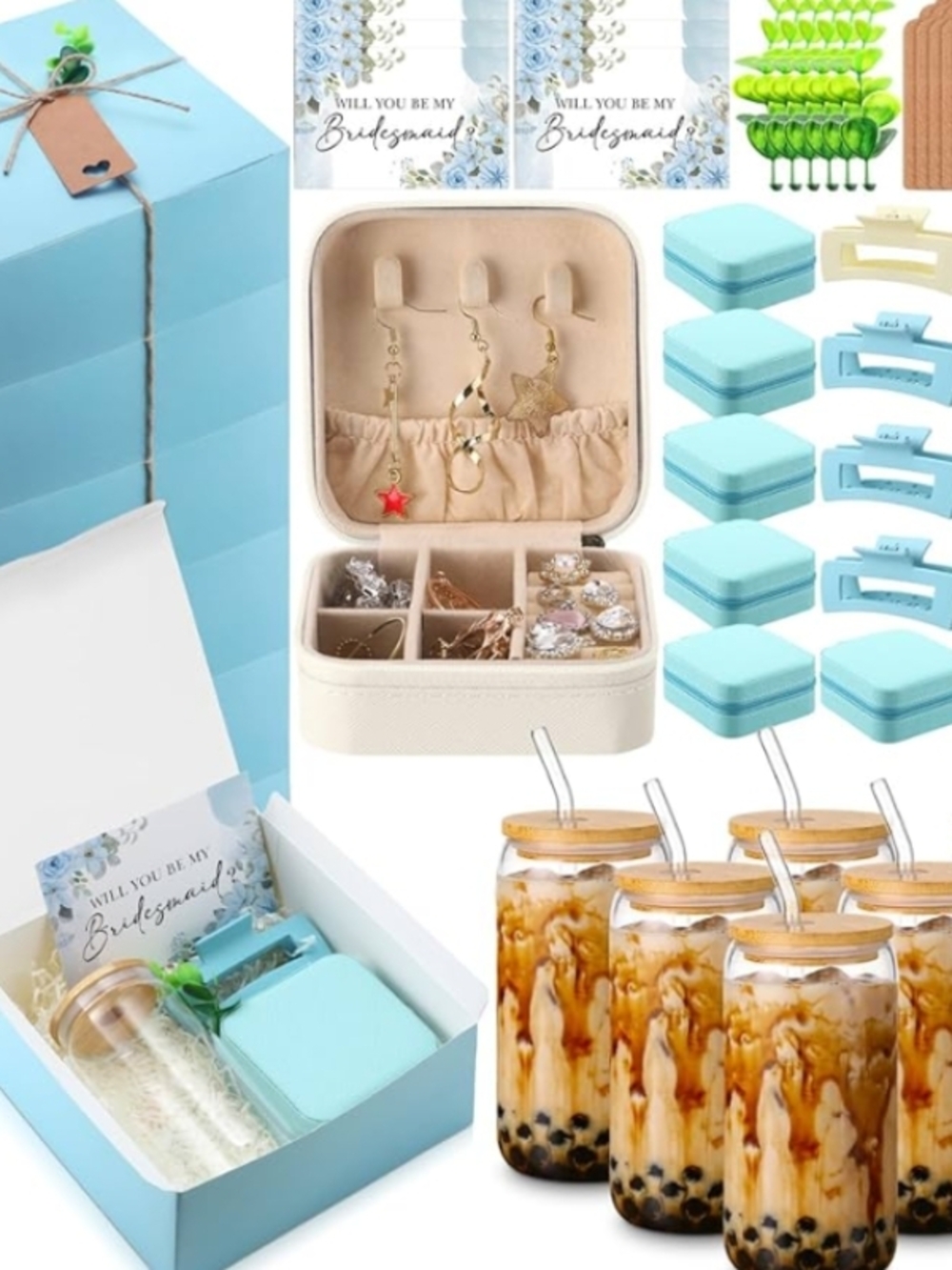 Bridesmaid Jewelry Travel Case Gift Set – Light Blue Organizer
